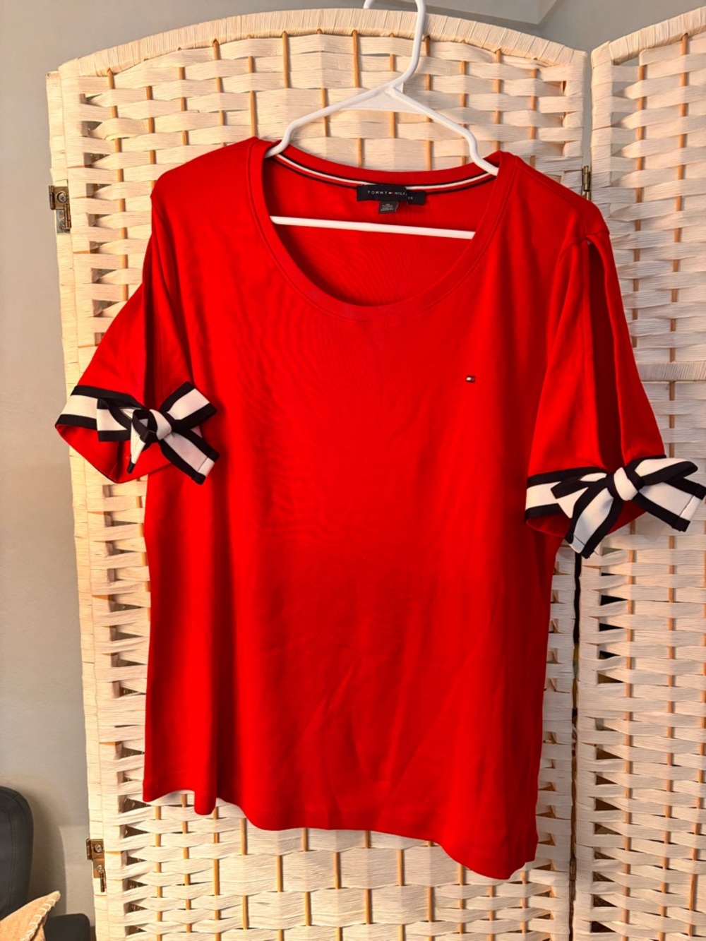 Tommy Hilfiger Red Short Sleeve Tee with Bow Sleeve Detail